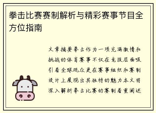 拳击比赛赛制解析与精彩赛事节目全方位指南