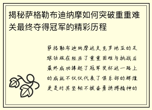 揭秘萨格勒布迪纳摩如何突破重重难关最终夺得冠军的精彩历程