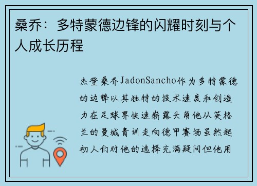 桑乔：多特蒙德边锋的闪耀时刻与个人成长历程