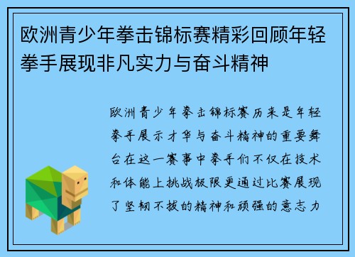 欧洲青少年拳击锦标赛精彩回顾年轻拳手展现非凡实力与奋斗精神