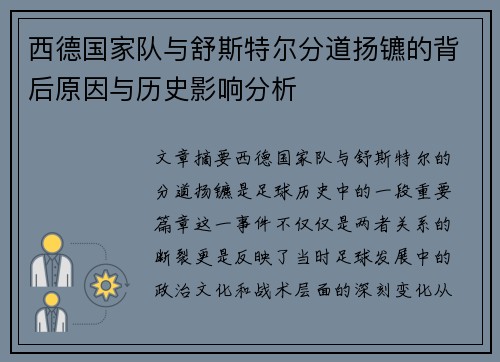 西德国家队与舒斯特尔分道扬镳的背后原因与历史影响分析